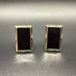 Vintage Pair Silver Tone Black Enamel Cufflinks